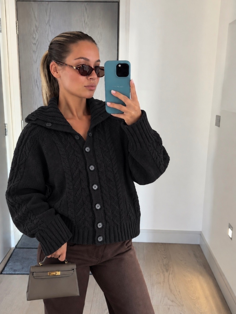 St. John's Bay Vintage Black Cable Knit Button-Up Sweater Cardigan, Medium